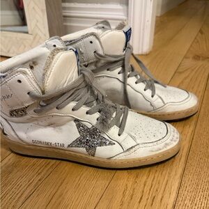 Golden Goose White and Gray High-Top Sneakers with Silver Glitter Trim